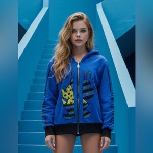 Yuyu Blue Zip-Up Hoodie with Graphic Design Size M Used